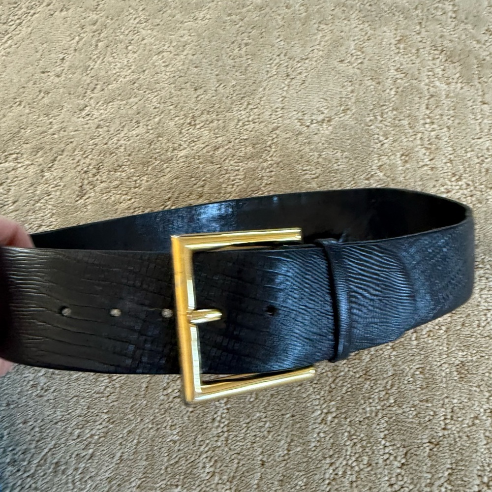 Vintage Lizard Leather Belt Black Gold Buckle Curved Waist Ralph Lauren Style - Picture 9 of 11
